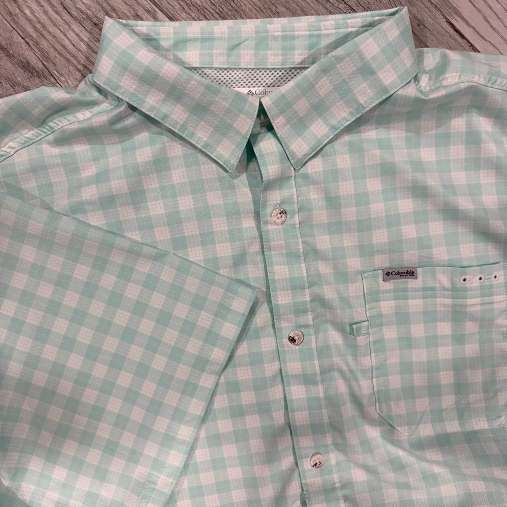 Columbia PFGMint Green Gingham Fishing GolfShort Sleeve Button Down Size 2XT/2XL